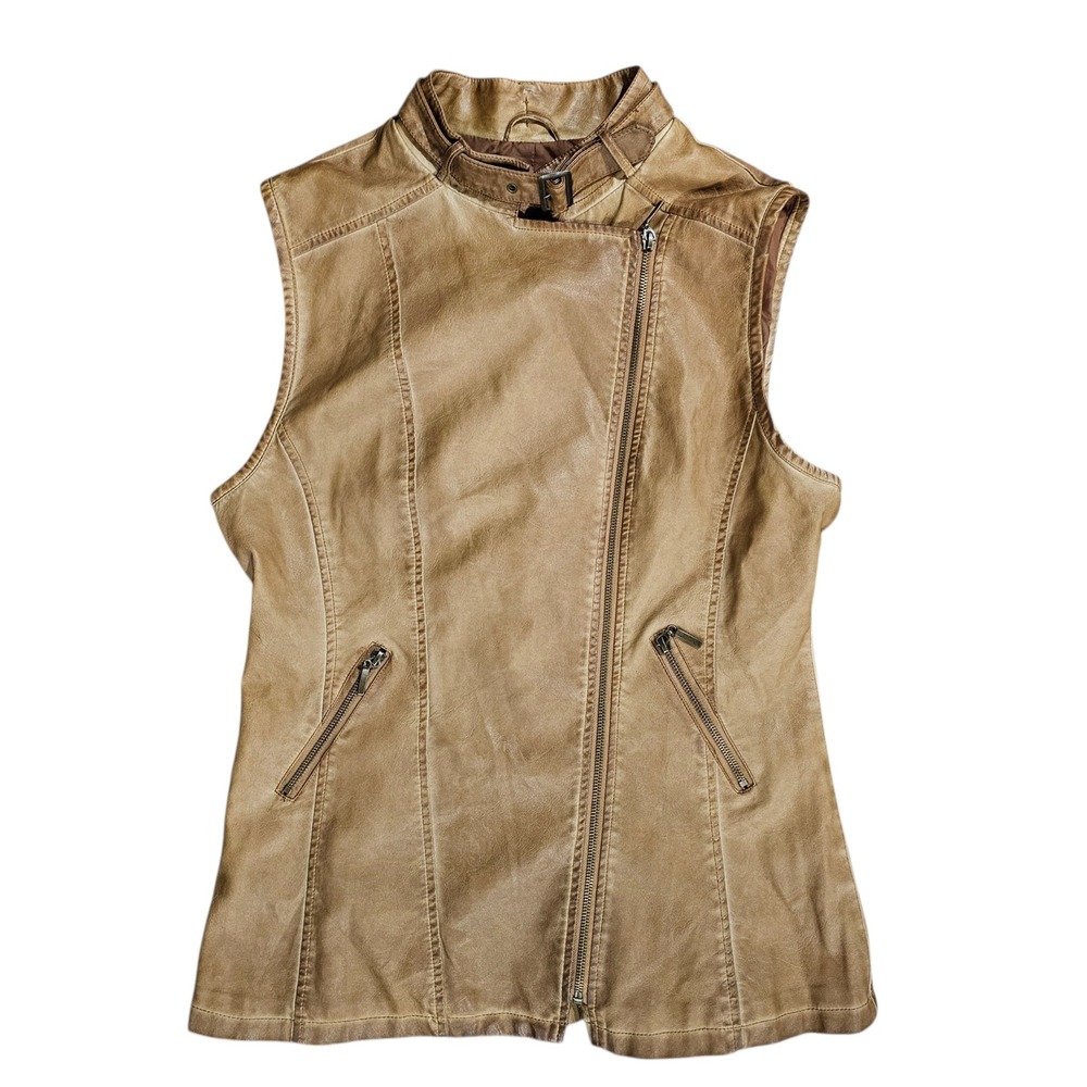 Chelsea & Violet Women Large Tan Faux Leather Moto Vest Asymmetrical Zip 5C07L27
